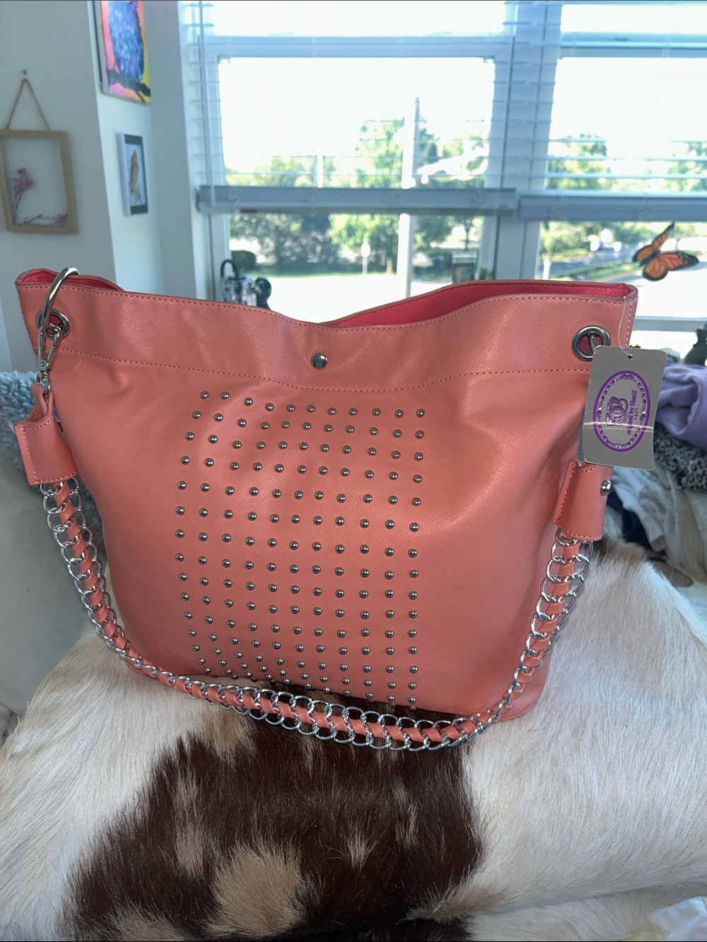 Sharif Silver Studded Coral Tote Bag with Dual Chain Straps 17”x 6.5”x 12.5” NWT - Picture 6 of 14